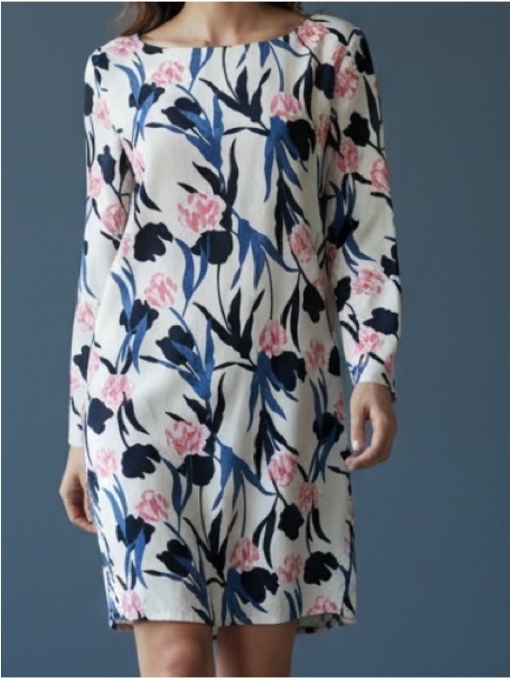 Ovi Women’s Floral Long-Sleeve Shift Dress with Blue & Pink Tulip Floral Print